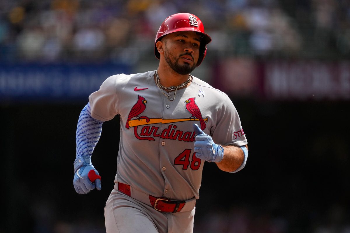 Jun 15, 2025; Milwaukee, Wisconsin, USA; St. Louis Cardinals catcher Ivan Herrera (48) rounds the bases during the game against the Milwaukee Brewers at American Family Field. Mandatory Credit: Jeff Hanisch-Imagn Images