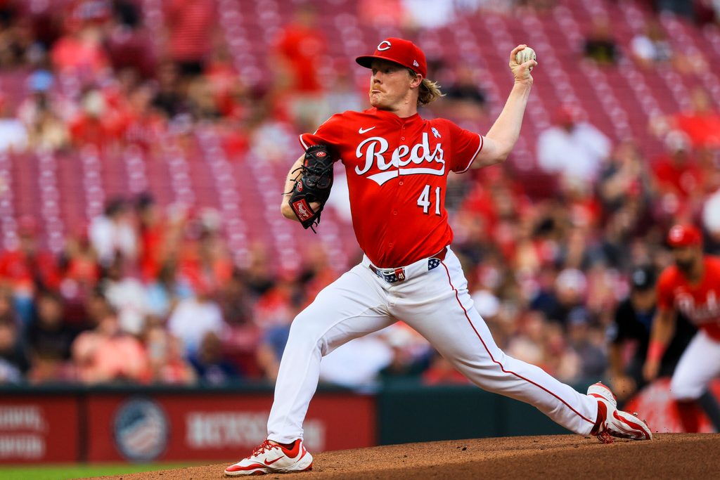 Jun 17, 2025; Cincinnati, Ohio, USA; Cincinnati Reds starting pitcher Andrew Abbott (41) pitches against the Minnesota Twins in the first inning at Great American Ball Park. Mandatory Credit: Katie Stratman-Imagn Images