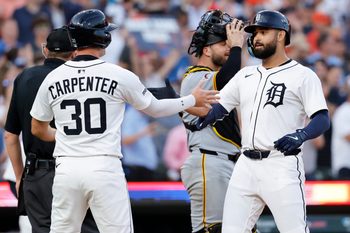 Jun 17, 2025; Detroit, Michigan, USA;  Detroit Tigers outfielder Riley Greene (31) celebrates with outfielder Kerry Carpenter (30) after he hits a two-run home run in the seventh inning against the Pittsburgh Pirates at Comerica Park. Mandatory Credit: Rick Osentoski-Imagn Images