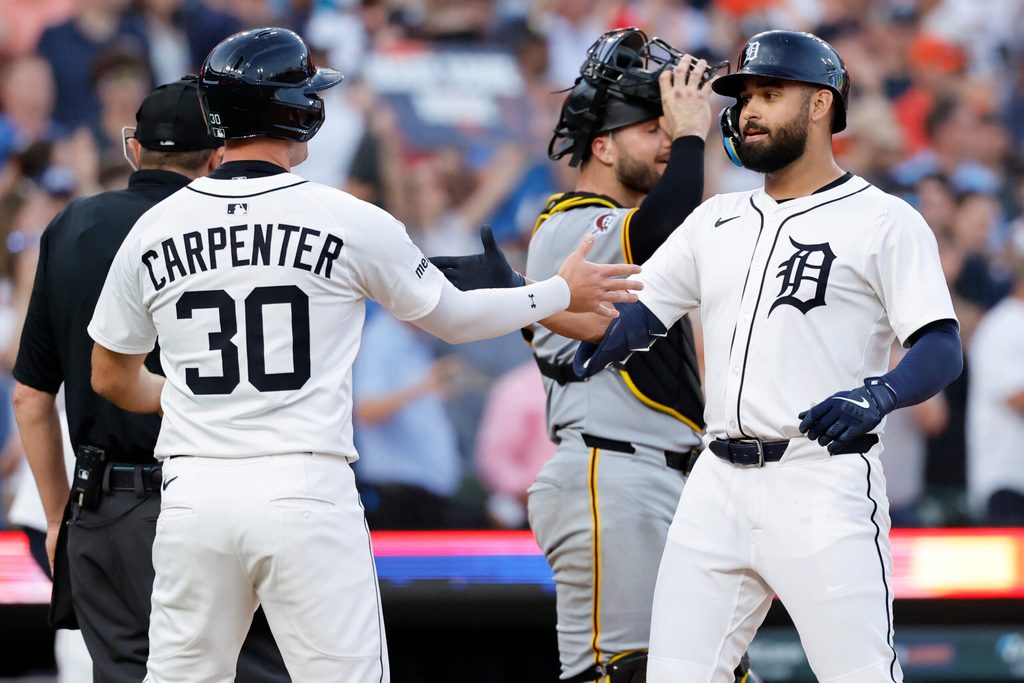 Jun 17, 2025; Detroit, Michigan, USA; Detroit Tigers outfielder Riley Greene (31) celebrates with outfielder Kerry Carpenter (30) after he hits a two-run home run in the seventh inning against the Pittsburgh Pirates at Comerica Park. Mandatory Credit: Rick Osentoski-Imagn Images