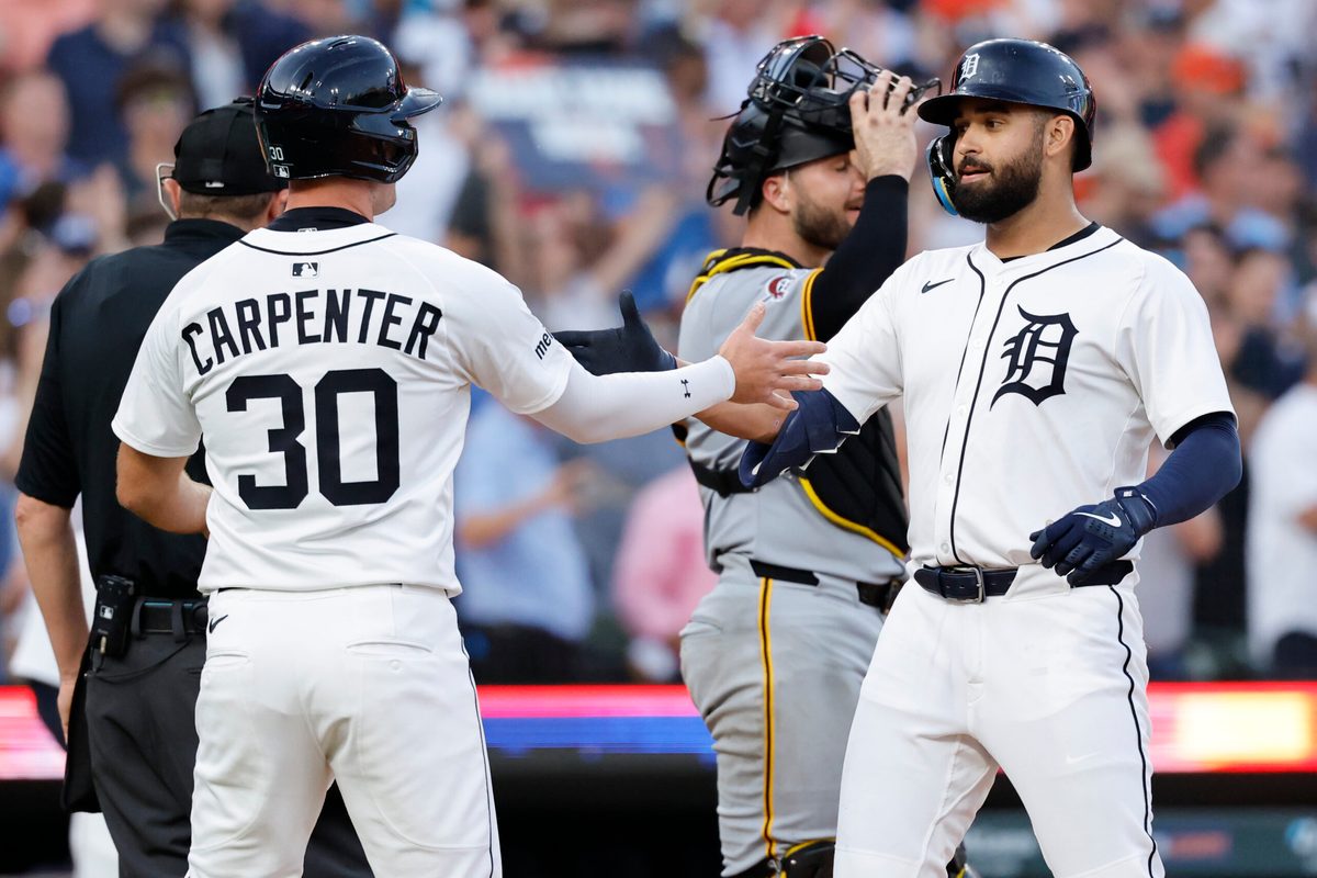 Jun 17, 2025; Detroit, Michigan, USA; Detroit Tigers outfielder Riley Greene (31) celebrates with outfielder Kerry Carpenter (30) after he hits a two-run home run in the seventh inning against the Pittsburgh Pirates at Comerica Park. Mandatory Credit: Rick Osentoski-Imagn Images