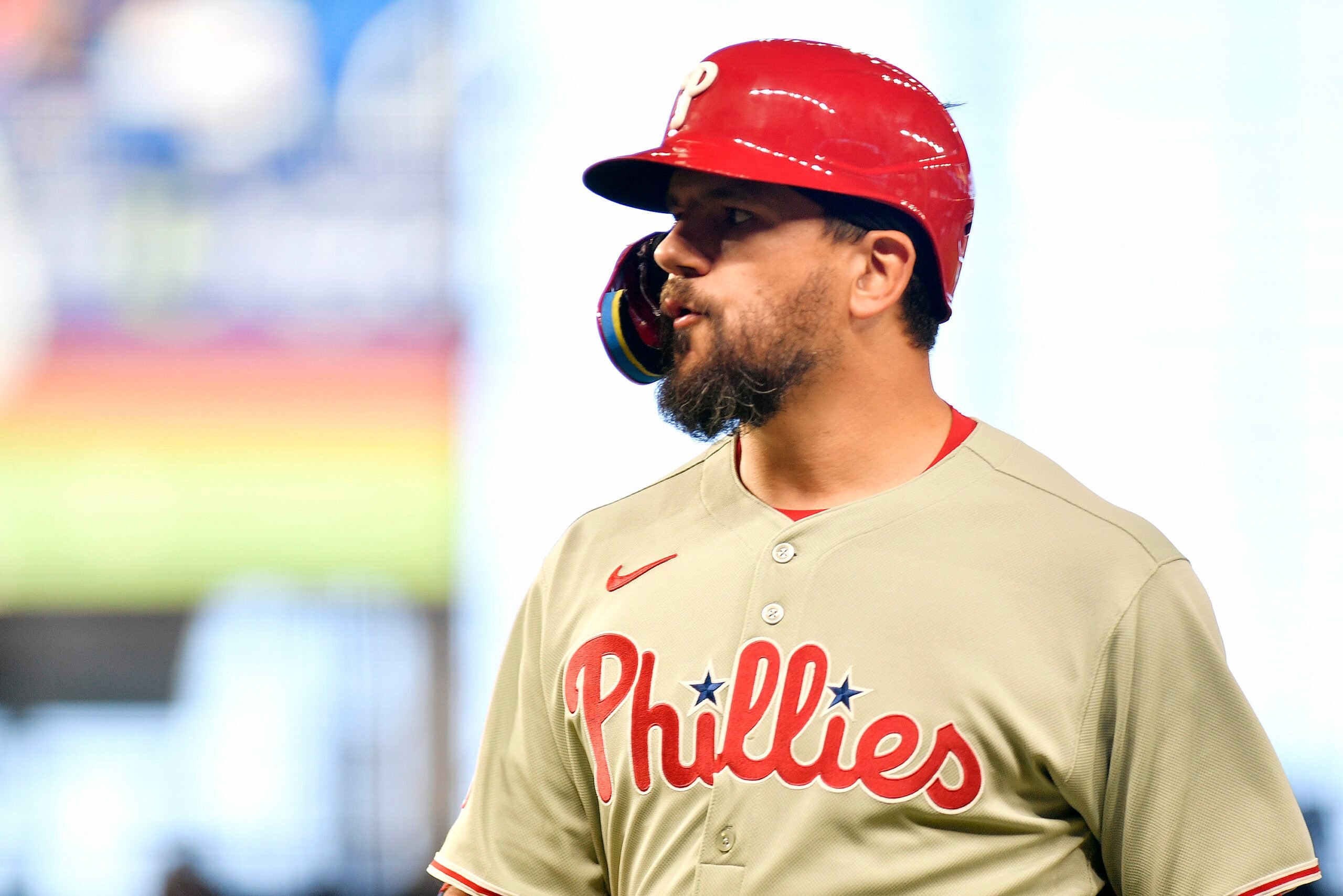 Jun 17, 2025; Miami, Florida, USA;  Philadelphia Phillies’ Kyle Schwarber walks back to the dugout after hitting a flyout to deep left field during the 1st inning against the Miami Marlins at loanDepot Park. Mandatory Credit: Michael Laughlin-Imagn Images
