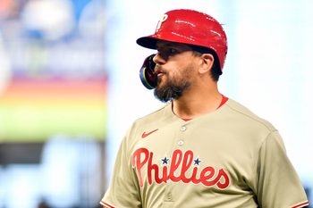 Jun 17, 2025; Miami, Florida, USA;  Philadelphia Phillies’ Kyle Schwarber walks back to the dugout after hitting a flyout to deep left field during the 1st inning against the Miami Marlins at loanDepot Park. Mandatory Credit: Michael Laughlin-Imagn Images
