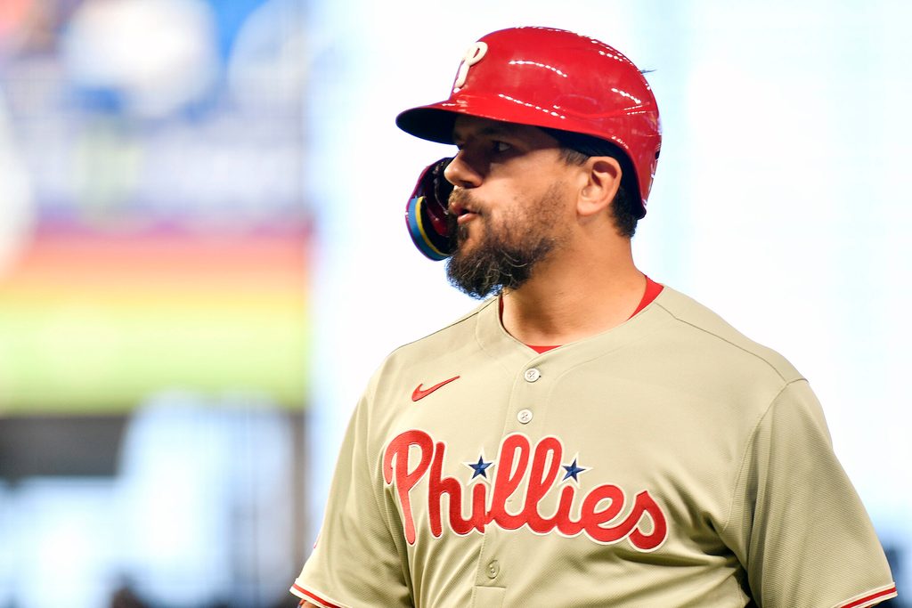 Jun 17, 2025; Miami, Florida, USA; Philadelphia Phillies’ Kyle Schwarber walks back to the dugout after hitting a flyout to deep left field during the 1st inning against the Miami Marlins at loanDepot Park. Mandatory Credit: Michael Laughlin-Imagn Images