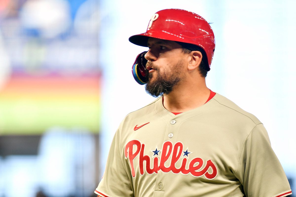 Jun 17, 2025; Miami, Florida, USA; Philadelphia Phillies’ Kyle Schwarber walks back to the dugout after hitting a flyout to deep left field during the 1st inning against the Miami Marlins at loanDepot Park. Mandatory Credit: Michael Laughlin-Imagn Images