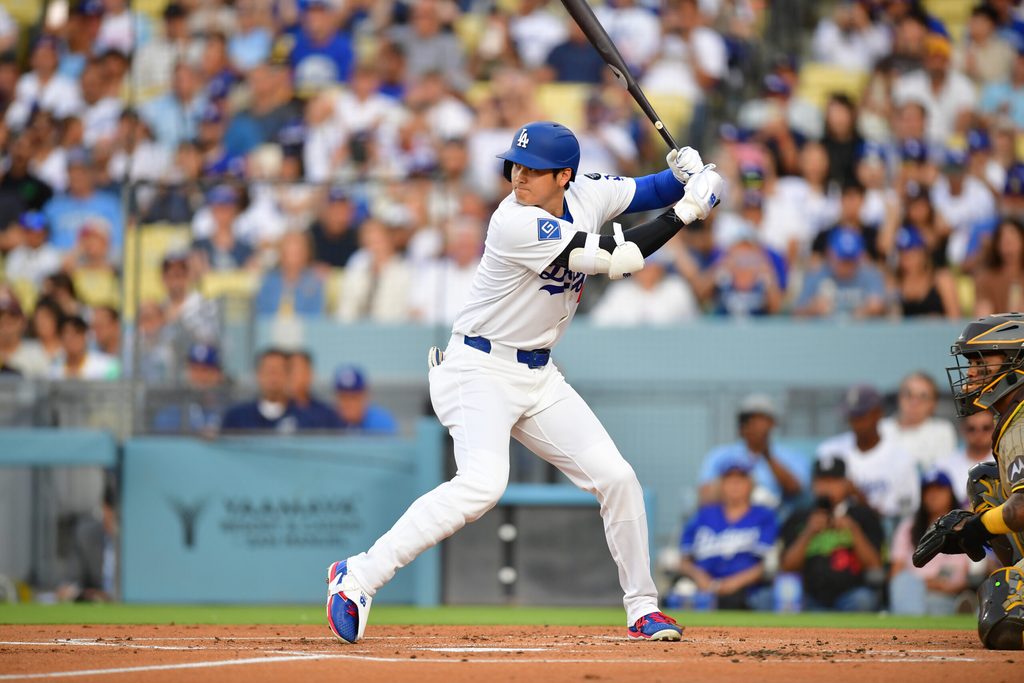 Jun 17, 2025; Los Angeles, California, USA; Los Angeles Dodgers designated hitter Shohei Ohtani (17) bats during the first inning against the San Diego Padres at Dodger Stadium. Mandatory Credit: Gary A. Vasquez-Imagn Images