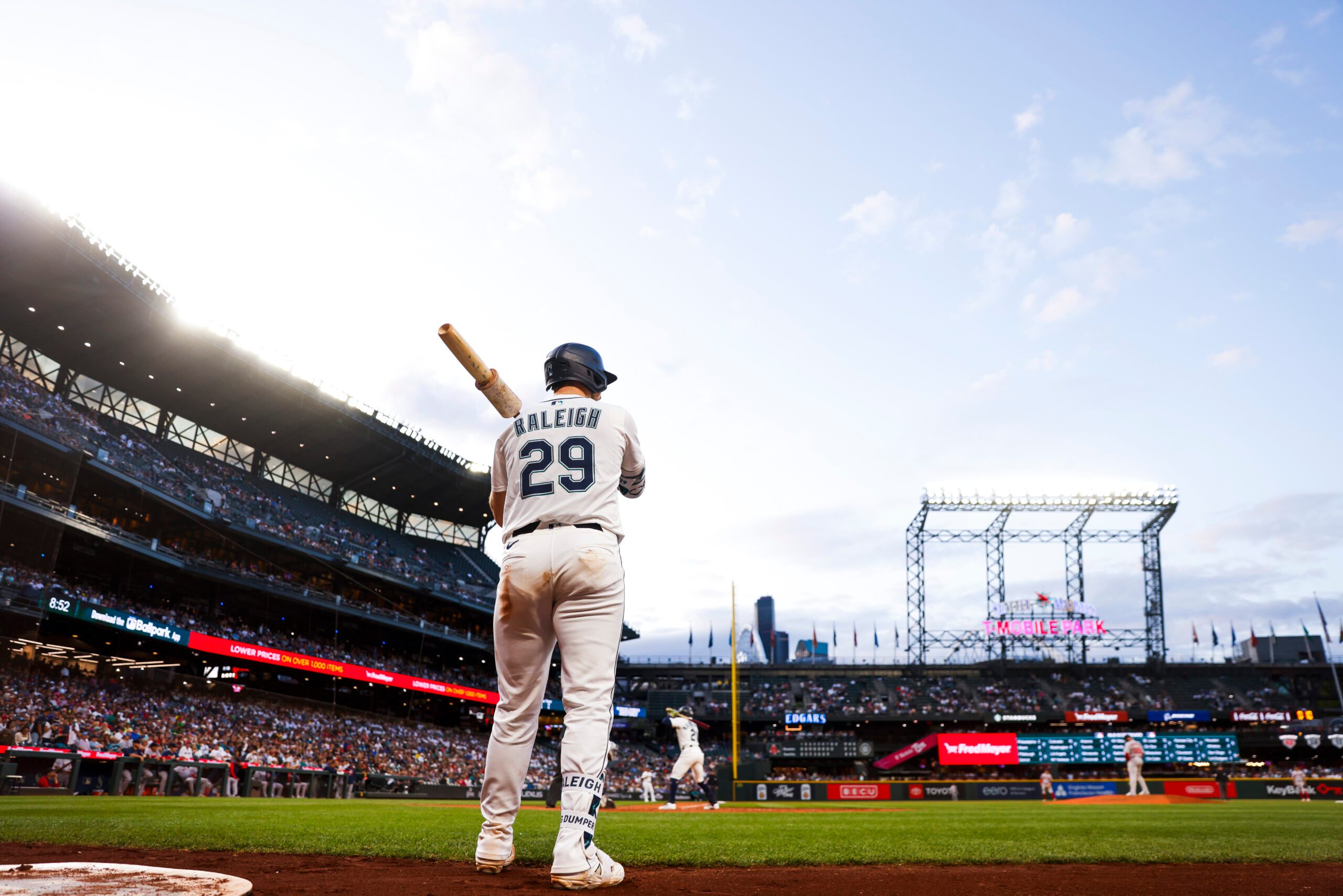 Jun 17, 2025; Seattle, Washington, USA; Seattle Mariners catcher Cal Raleigh (29) stands in the on deck circle during the eighth inning against the Boston Red Sox at T-Mobile Park. Mandatory Credit: Joe Nicholson-Imagn Images