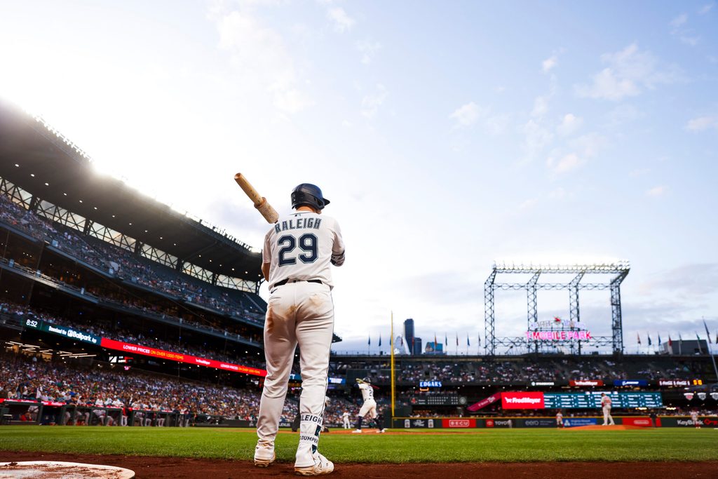 Jun 17, 2025; Seattle, Washington, USA; Seattle Mariners catcher Cal Raleigh (29) stands in the on deck circle during the eighth inning against the Boston Red Sox at T-Mobile Park. Mandatory Credit: Joe Nicholson-Imagn Images