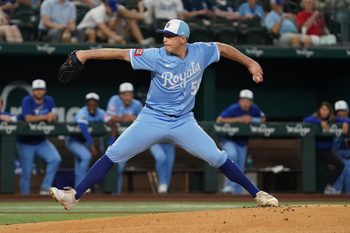 Jun 18, 2025; Arlington, Texas, USA; Kansas City Royals pitcher Kris Bubic (50) throws to the plate during the first inning against the Texas Rangers at Globe Life Field. Mandatory Credit: Raymond Carlin III-Imagn Images