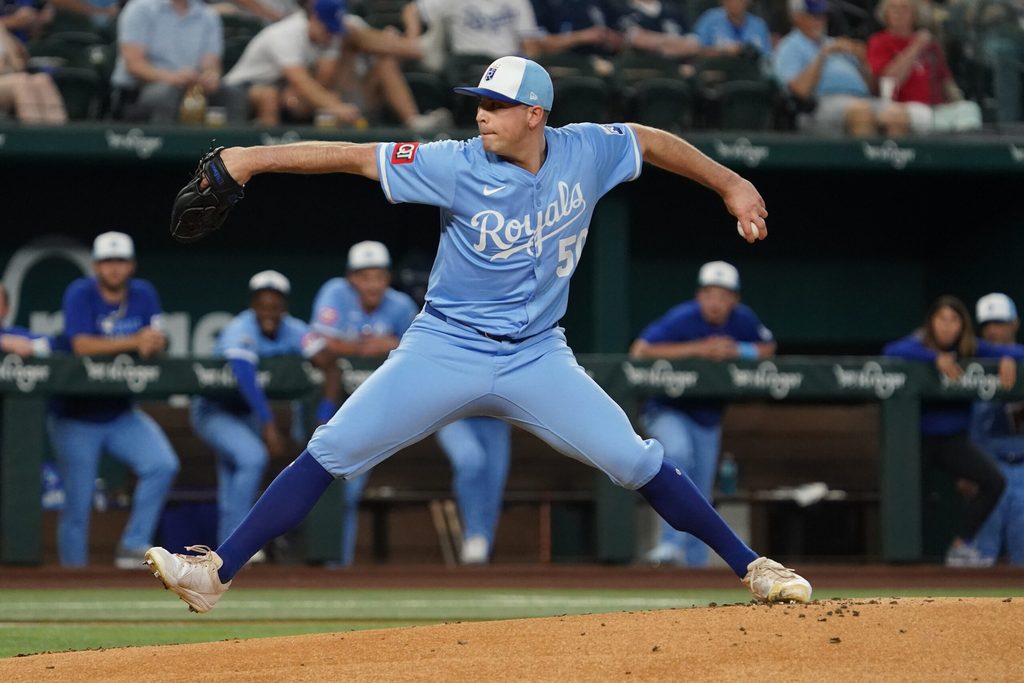 Jun 18, 2025; Arlington, Texas, USA; Kansas City Royals pitcher Kris Bubic (50) throws to the plate during the first inning against the Texas Rangers at Globe Life Field. Mandatory Credit: Raymond Carlin III-Imagn Images