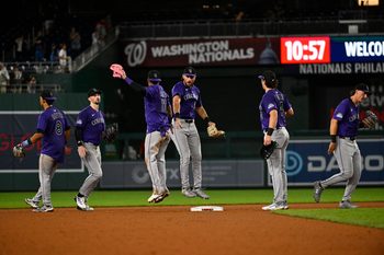 Jun 18, 2025; Washington, District of Columbia, USA; Colorado Rockies celebrate after defeating the Washington Nationals at Nationals Park. Mandatory Credit: Brad Mills-Imagn Images