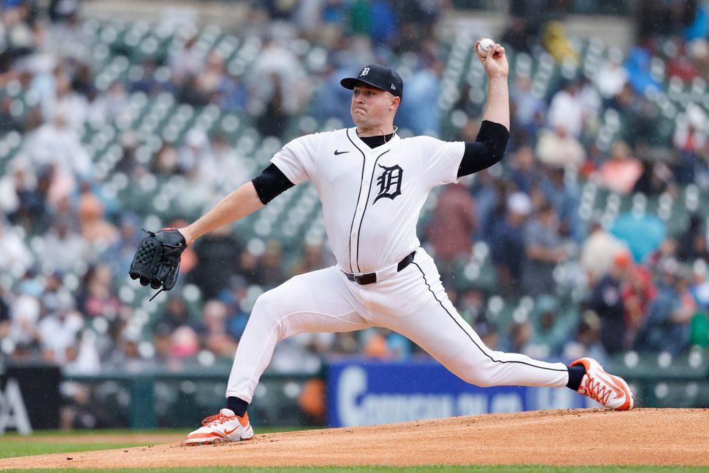 Jun 19, 2025; Detroit, Michigan, USA; Detroit Tigers pitcher Tarik Skubal (29) pitches in the first inning against the Pittsburgh Pirates at Comerica Park. Mandatory Credit: Rick Osentoski-Imagn Images