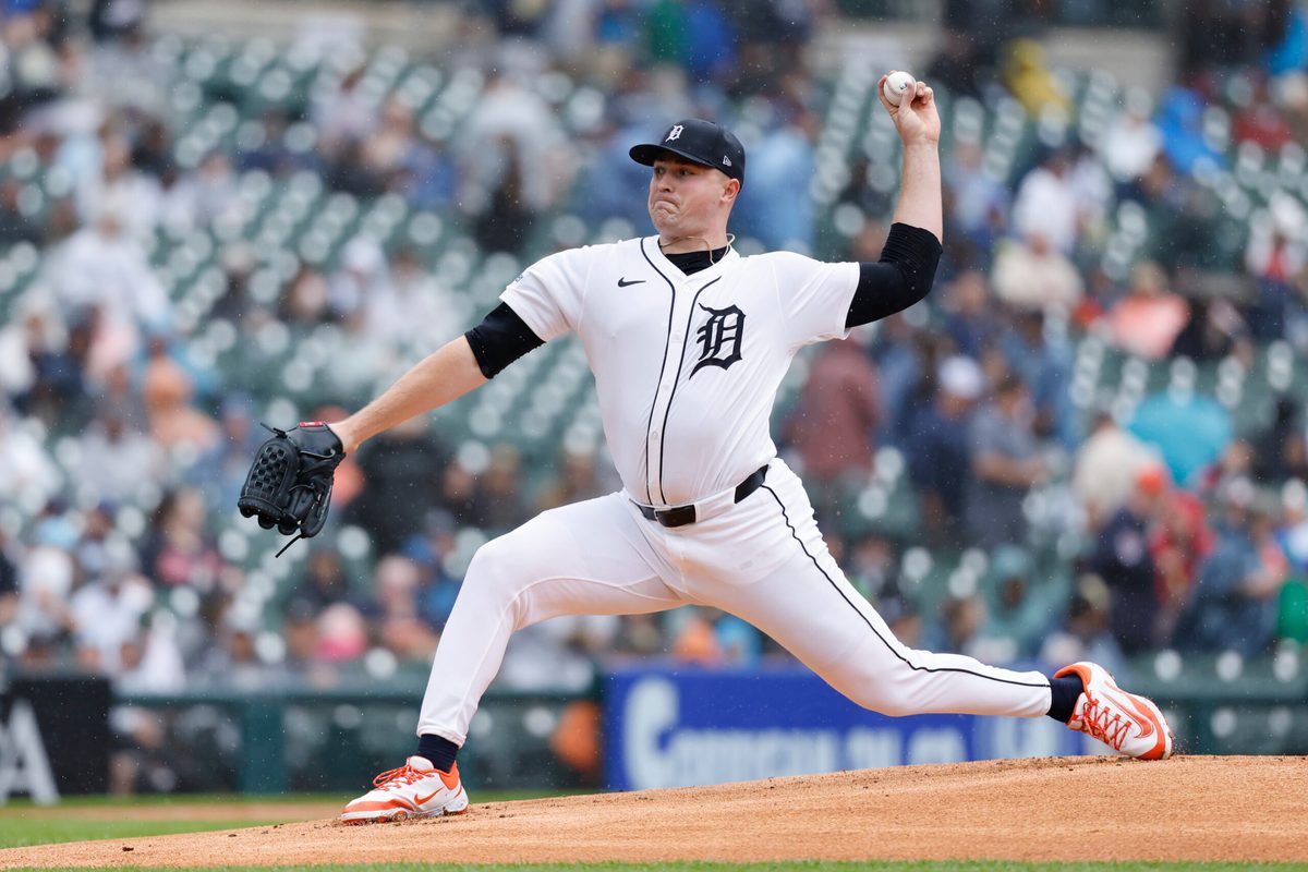 Jun 19, 2025; Detroit, Michigan, USA; Detroit Tigers pitcher Tarik Skubal (29) pitches in the first inning against the Pittsburgh Pirates at Comerica Park. Mandatory Credit: Rick Osentoski-Imagn Images