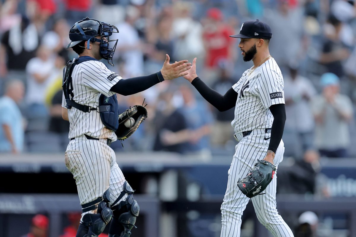 Jun 19, 2025; Bronx, New York, USA; New York Yankees catcher Austin Wells (28) and relief pitcher Devin Williams (38) celebrate after defeating the Los Angeles Angels at Yankee Stadium. Mandatory Credit: Brad Penner-Imagn Images