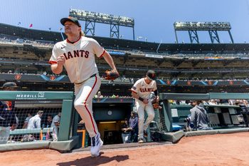 Jun 19, 2025; San Francisco, California, USA; San Francisco Giants pitcher Logan Webb (62) takes the field to start the game against the Cleveland Guardians at Oracle Park. Mandatory Credit: Bob Kupbens-Imagn Images