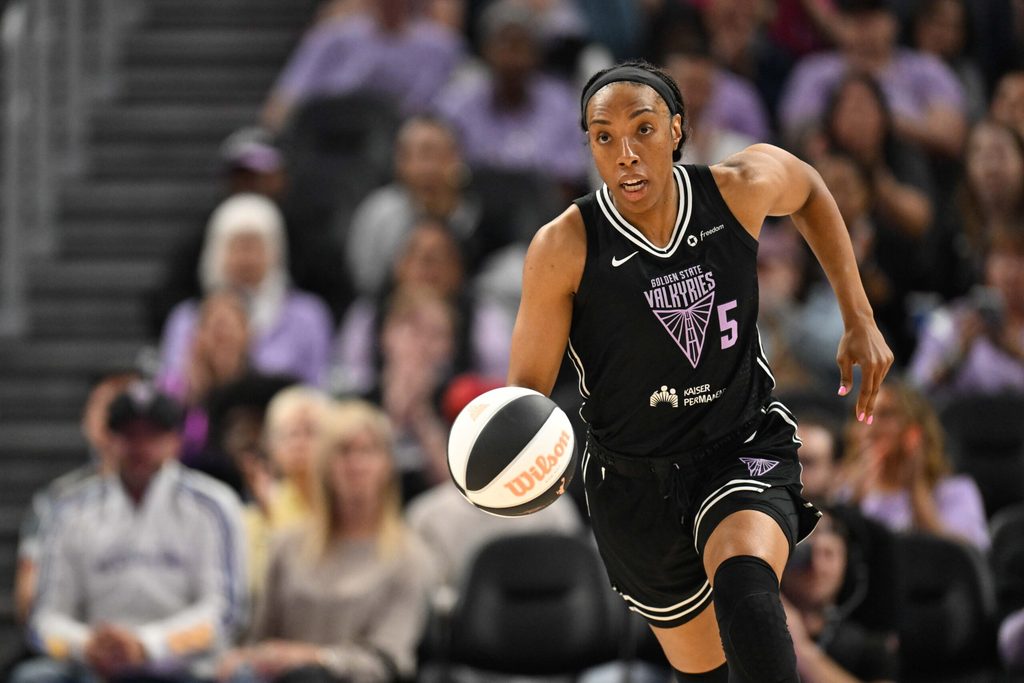 Jun 14, 2025; San Francisco, California, USA; Golden State Valkyries forward Kayla Thornton (5) dribbles against the Seattle Storm in the second quarter at Chase Center. Mandatory Credit: Eakin Howard-Imagn Images
