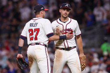 Jun 19, 2025; Atlanta, Georgia, USA; Atlanta Braves third baseman Austin Riley (27) and first baseman Matt Olson (28) celebrate after a victory over the New York Mets at Truist Park. Mandatory Credit: Brett Davis-Imagn Images