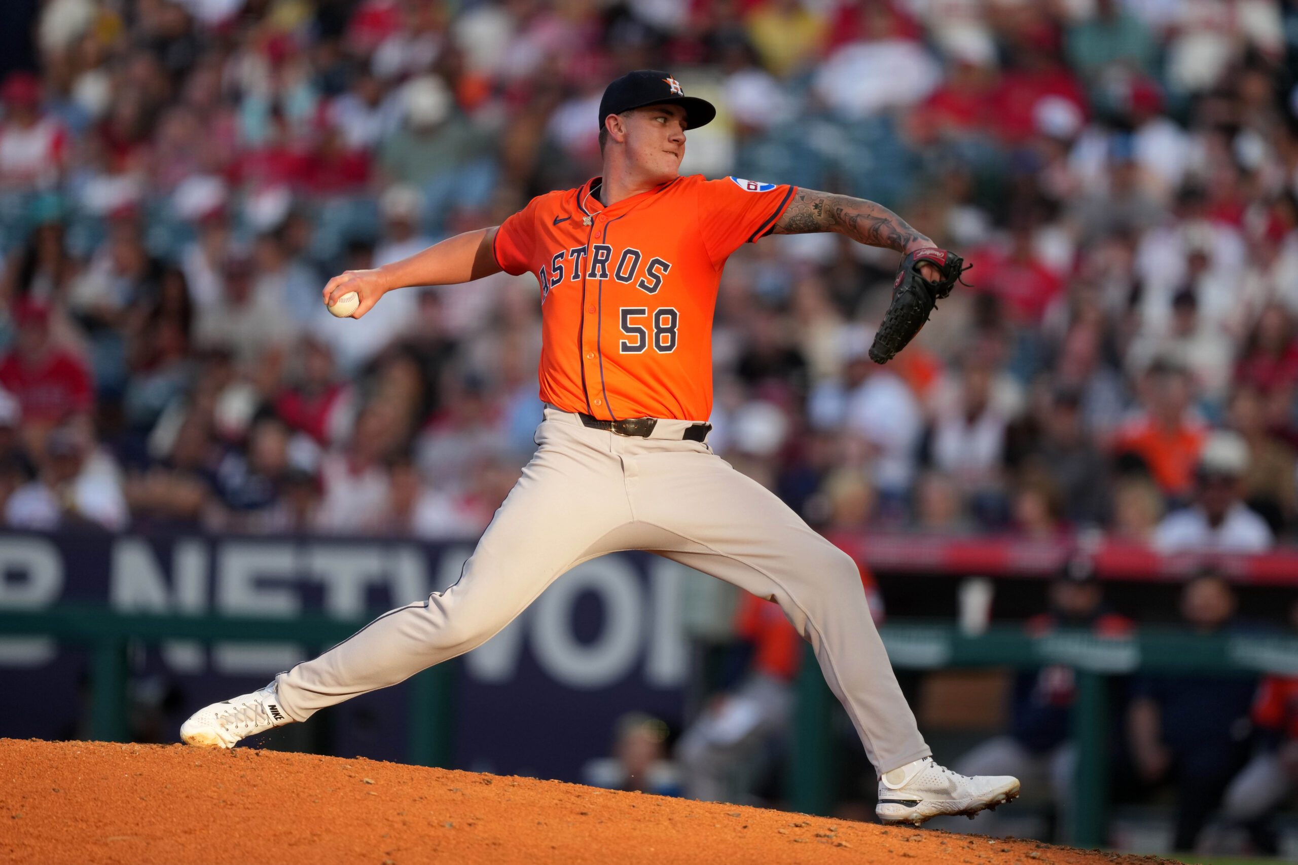 Jun 20, 2025; Anaheim, California, USA; Houston Astros starting pitcher Hunter Brown (58) throws in the second inning against the Los Angeles Angels at Angel Stadium. Mandatory Credit: Kirby Lee-Imagn Images