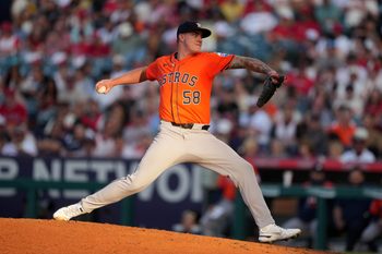 Jun 20, 2025; Anaheim, California, USA; Houston Astros starting pitcher Hunter Brown (58) throws in the second inning against the Los Angeles Angels at Angel Stadium. Mandatory Credit: Kirby Lee-Imagn Images