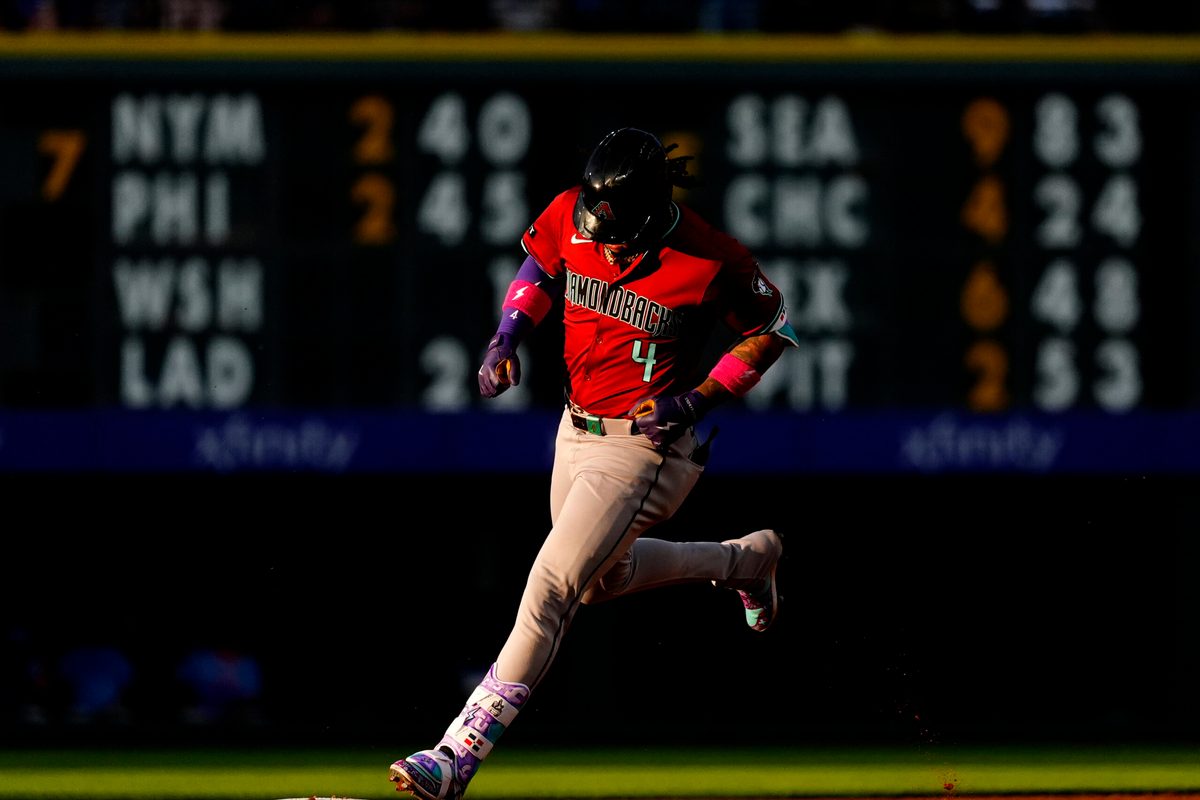 Jun 20, 2025; Denver, Colorado, USA; Arizona Diamondbacks designated hitter Ketel Marte (4) runs off a three run home run in the fourth inning against the Colorado Rockies at Coors Field. Mandatory Credit: Ron Chenoy-Imagn Images