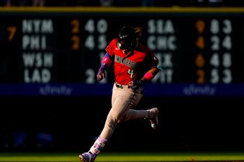 Jun 20, 2025; Denver, Colorado, USA; Arizona Diamondbacks designated hitter Ketel Marte (4) runs off a three run home run in the fourth inning against the Colorado Rockies at Coors Field. Mandatory Credit: Ron Chenoy-Imagn Images