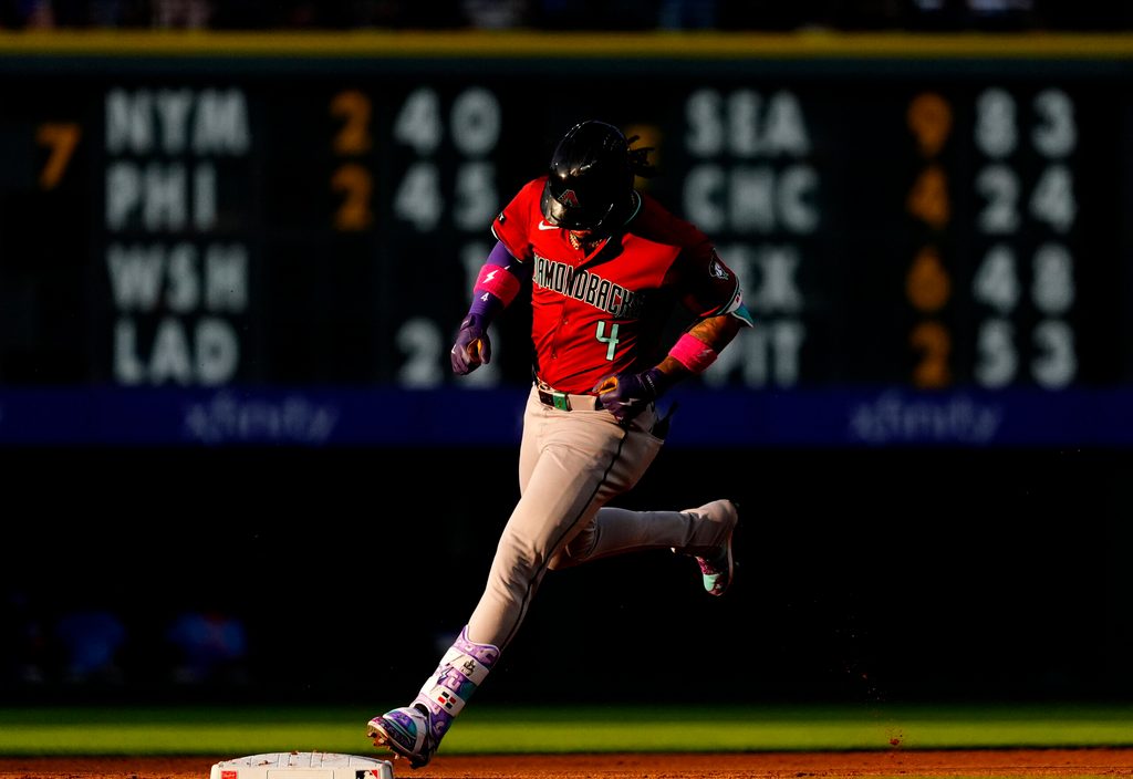 Jun 20, 2025; Denver, Colorado, USA; Arizona Diamondbacks designated hitter Ketel Marte (4) runs off a three run home run in the fourth inning against the Colorado Rockies at Coors Field. Mandatory Credit: Ron Chenoy-Imagn Images