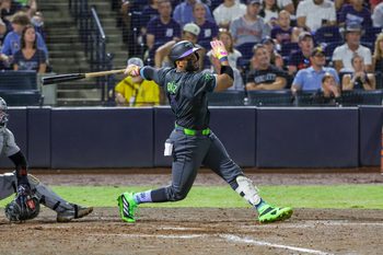 Jun 20, 2025; St. Petersburg, Florida, USA; Tampa Bay Rays first base Yandy Díaz (2) hits a home run during the fifth inning against the Detroit Tigers at George M. Steinbrenner Field. Mandatory Credit: Mike Watters-Imagn Images