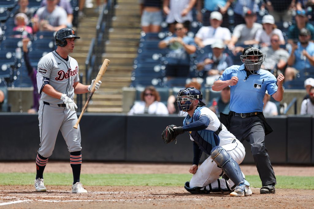 Jun 21, 2025; Tampa, Florida, USA; Detroit Tigers left fielder Kerry Carpenter (30) reacts after being called out on strikes to end a game against the Tampa Bay Rays at George M. Steinbrenner Field. Mandatory Credit: Nathan Ray Seebeck-Imagn Images