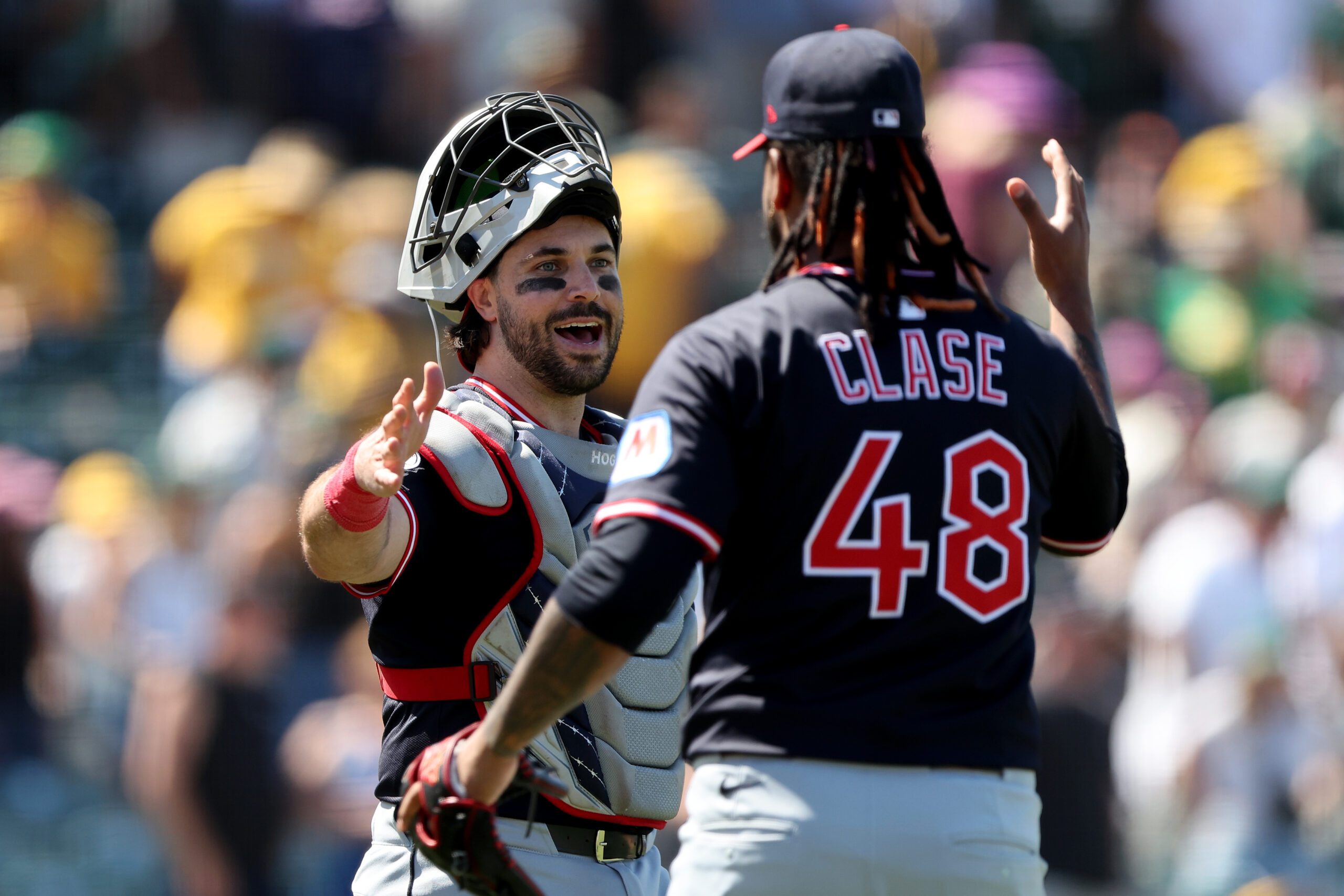 Jun 22, 2025; West Sacramento, California, USA; Cleveland Guardians catcher Austin Hedges (27) celebrates with pitcher Emmanuel Clase (48) after defeating the Athletics 3-0 at Sutter Health Park. Mandatory Credit: Dennis Lee-Imagn Images