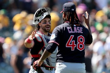 Jun 22, 2025; West Sacramento, California, USA; Cleveland Guardians catcher Austin Hedges (27) celebrates with pitcher Emmanuel Clase (48) after defeating the Athletics 3-0 at Sutter Health Park. Mandatory Credit: Dennis Lee-Imagn Images