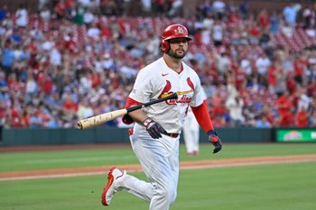 Jun 23, 2025; St. Louis, Missouri, USA; St. Louis Cardinals right fielder Alec Burleson (41) tosses his bat after hitting a two-run home run against the Chicago Cubs in the fifth inning at Busch Stadium. Mandatory Credit: Joe Puetz-Imagn Images