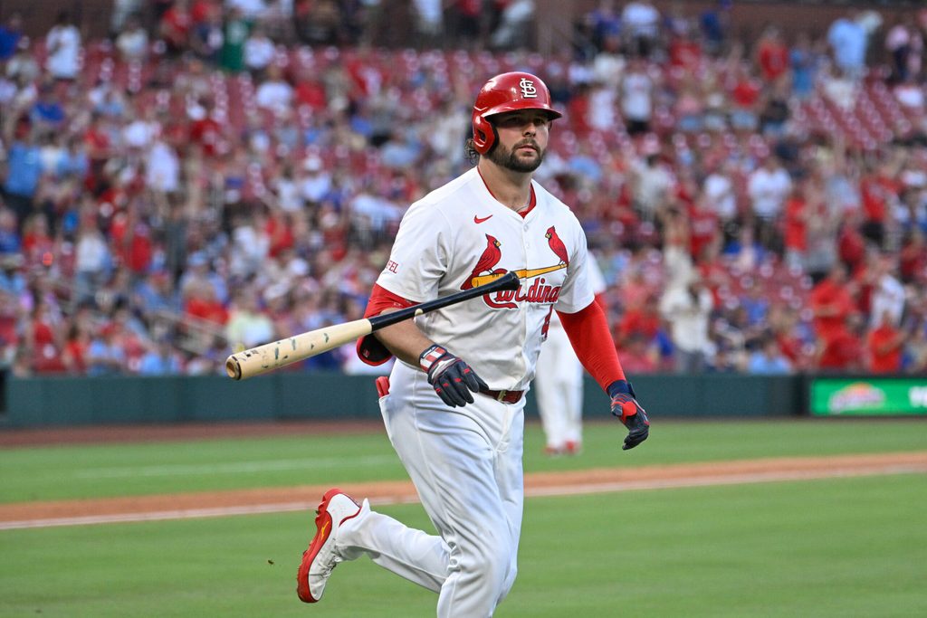 Jun 23, 2025; St. Louis, Missouri, USA; St. Louis Cardinals right fielder Alec Burleson (41) tosses his bat after hitting a two-run home run against the Chicago Cubs in the fifth inning at Busch Stadium. Mandatory Credit: Joe Puetz-Imagn Images