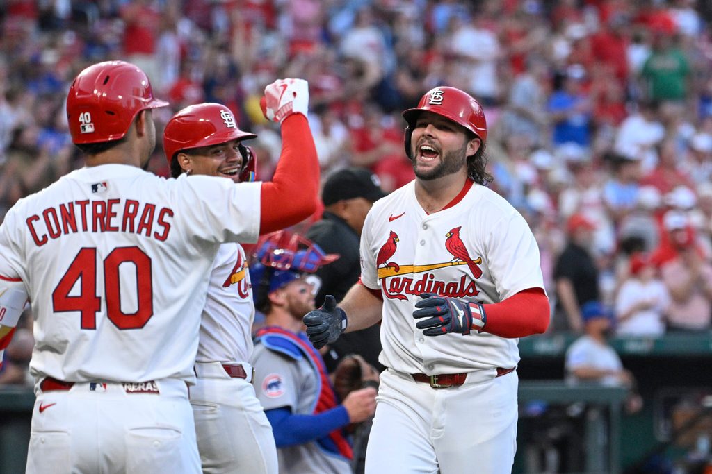 Jun 23, 2025; St. Louis, Missouri, USA; St. Louis Cardinals right fielder Alec Burleson (41) is congratulated after hitting a two-run home run against the Chicago Cubs in the fifth inning at Busch Stadium. Mandatory Credit: Joe Puetz-Imagn Images