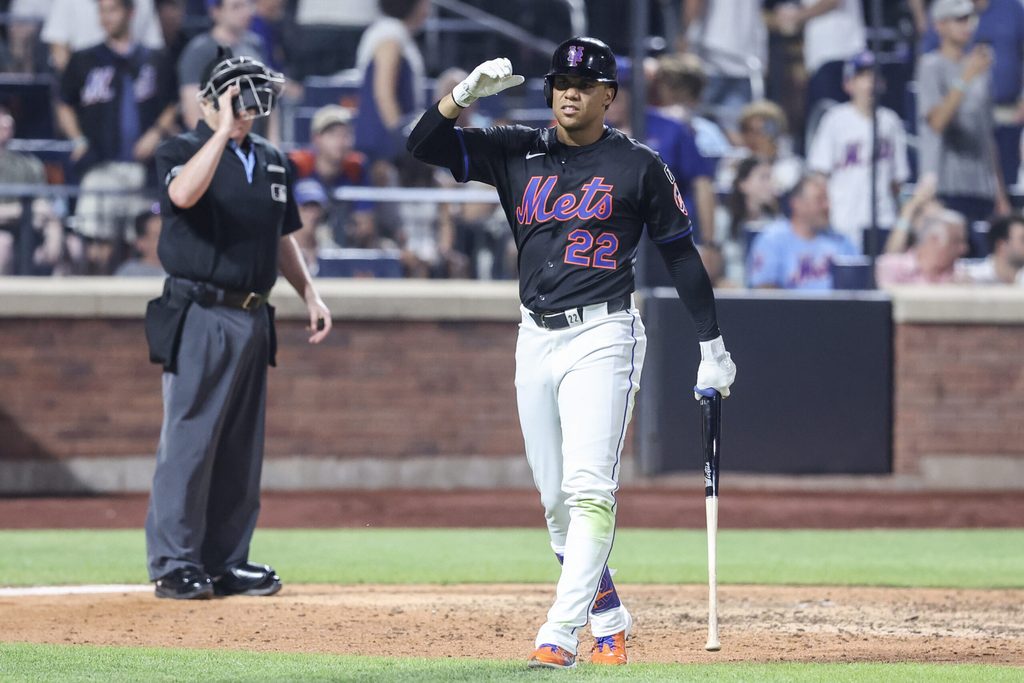Jun 23, 2025; New York City, New York, USA; New York Mets right fielder Juan Soto (22) reacts after striking out with the bases loaded in the eighth inning against the Atlanta Braves at Citi Field. Mandatory Credit: Wendell Cruz-Imagn Images