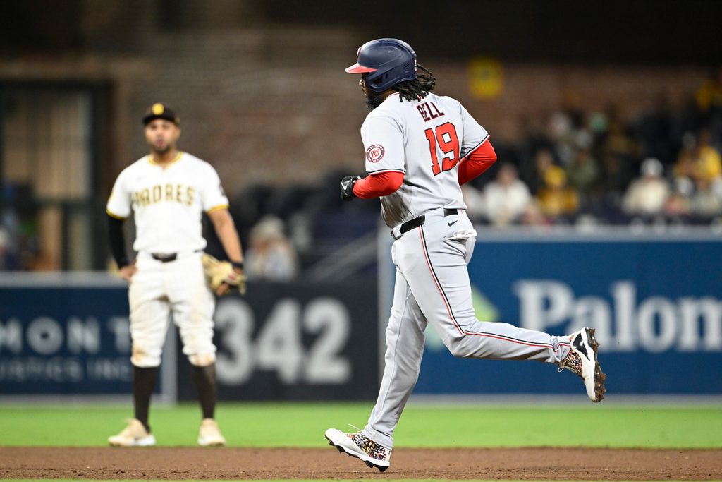 Jun 23, 2025; San Diego, California, USA; Washington Nationals designated hitter Josh Bell (19) rounds the bases after hitting a solo home run during the eighth inning against the San Diego Padres at Petco Park. Mandatory Credit: Denis Poroy-Imagn Images