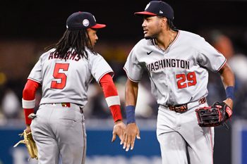 Jun 23, 2025; San Diego, California, USA; Washington Nationals left fielder James Wood (29) and CJ Abrams (5) celebrate after the Nationals beat the San Diego Padres 10-6 at Petco Park. Mandatory Credit: Denis Poroy-Imagn Images
