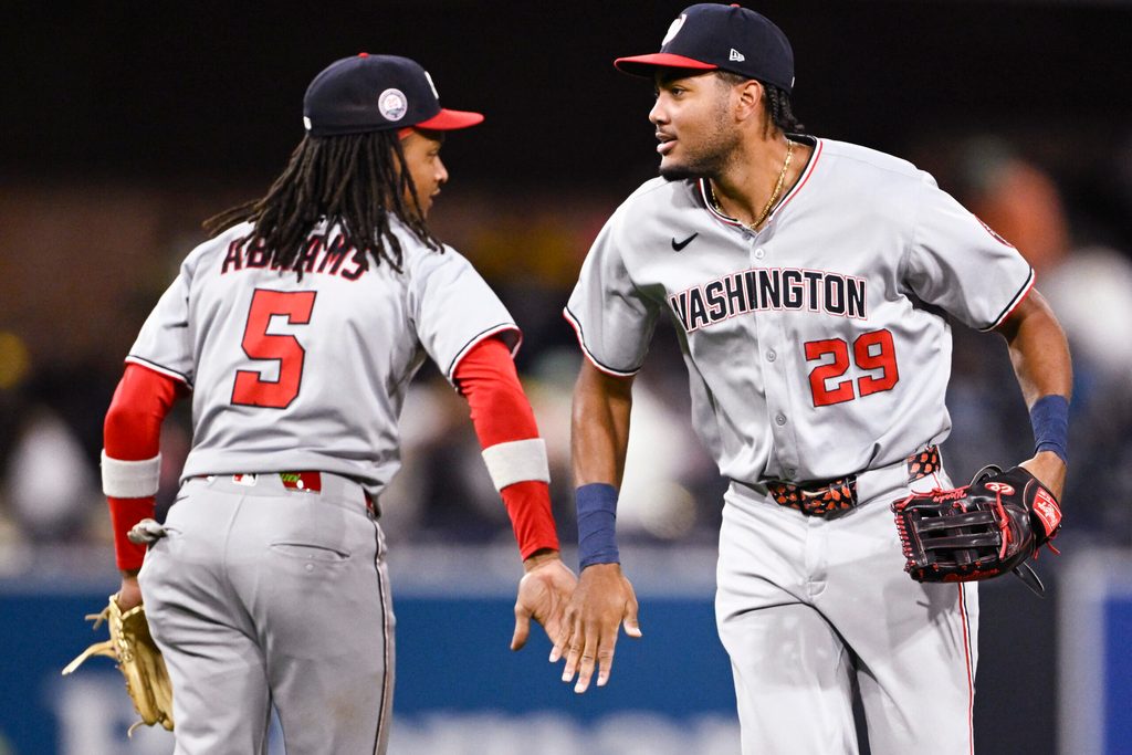 Jun 23, 2025; San Diego, California, USA; Washington Nationals left fielder James Wood (29) and CJ Abrams (5) celebrate after the Nationals beat the San Diego Padres 10-6 at Petco Park. Mandatory Credit: Denis Poroy-Imagn Images