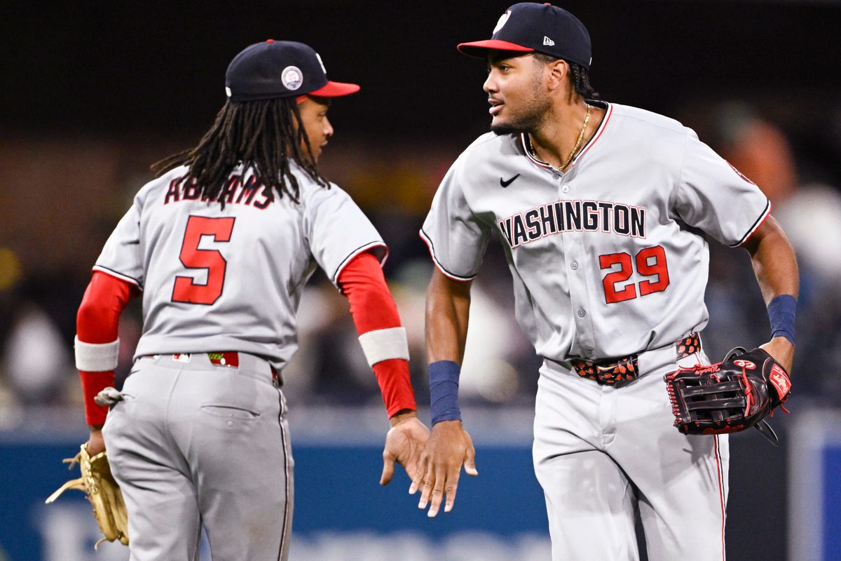 Jun 23, 2025; San Diego, California, USA; Washington Nationals left fielder James Wood (29) and CJ Abrams (5) celebrate after the Nationals beat the San Diego Padres 10-6 at Petco Park. Mandatory Credit: Denis Poroy-Imagn Images