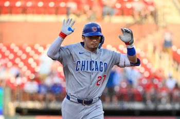 Jun 24, 2025; St. Louis, Missouri, USA;  Chicago Cubs left fielder Seiya Suzuki (27) reacts as he runs the bases after hitting a three run home run against the St. Louis Cardinals during the third inning at Busch Stadium. Mandatory Credit: Jeff Curry-Imagn Images