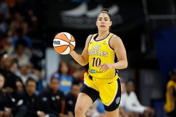 Jun 24, 2025; Chicago, Illinois, USA; Los Angeles Sparks guard Kelsey Plum (10) brings the ball up court against the Chicago Sky during the second half at Wintrust Arena. Mandatory Credit: Kamil Krzaczynski-Imagn Images