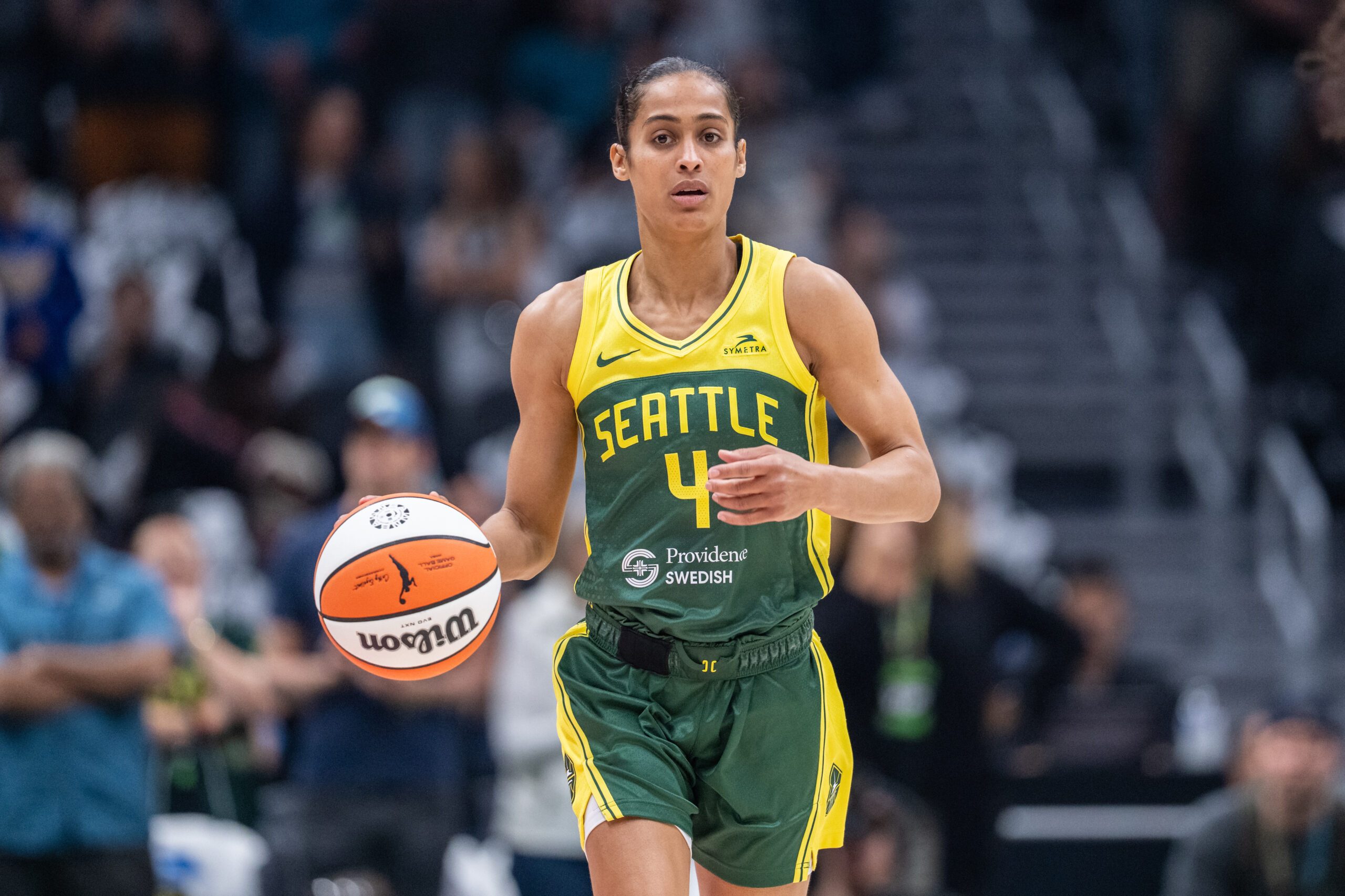Jun 22, 2025; Seattle, Washington, USA;  Seattle Storm guard Skylar Diggins (4) dribbles the ball against the New York Liberty at Climate Pledge Arena. Mandatory Credit: Stephen Brashear-Imagn Images