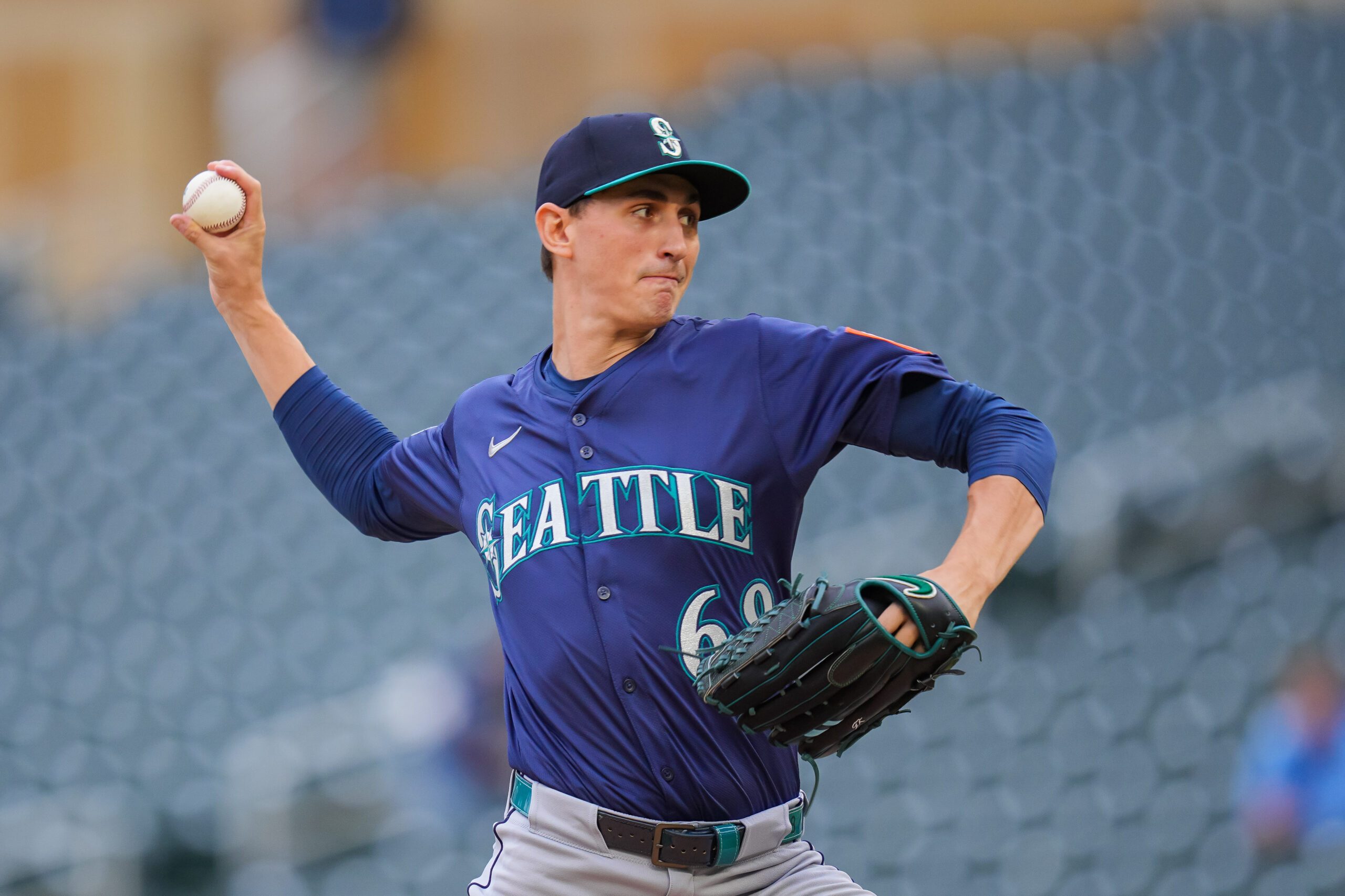 Jun 25, 2025; Minneapolis, Minnesota, USA; Seattle Mariners pitcher George Kirby (68) pitches against the Minnesota Twins in the first inning at Target Field. Mandatory Credit: Brad Rempel-Imagn Images