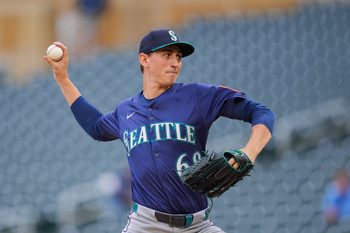 Jun 25, 2025; Minneapolis, Minnesota, USA; Seattle Mariners pitcher George Kirby (68) pitches against the Minnesota Twins in the first inning at Target Field. Mandatory Credit: Brad Rempel-Imagn Images
