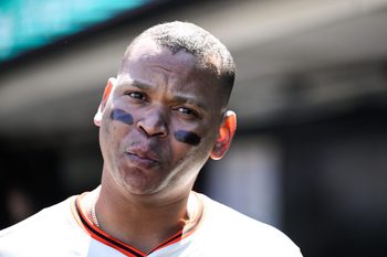 Jun 26, 2025; San Francisco, California, USA;  San Francisco Giants designated hitter Rafael Devers (16) stands in the dugout against the Miami Marlins in the ninth inning at Oracle Park. Mandatory Credit: Eakin Howard-Imagn Images
