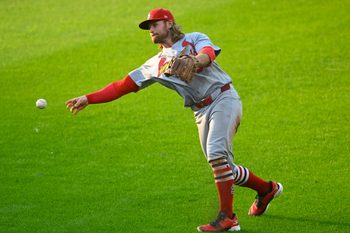 Jun 27, 2025; Cleveland, Ohio, USA; St. Louis Cardinals second baseman Brendan Donovan (33) throws to first base in the third inning against the Cleveland Guardians at Progressive Field. Mandatory Credit: David Richard-Imagn Images