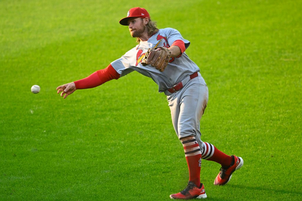 Jun 27, 2025; Cleveland, Ohio, USA; St. Louis Cardinals second baseman Brendan Donovan (33) throws to first base in the third inning against the Cleveland Guardians at Progressive Field. Mandatory Credit: David Richard-Imagn Images