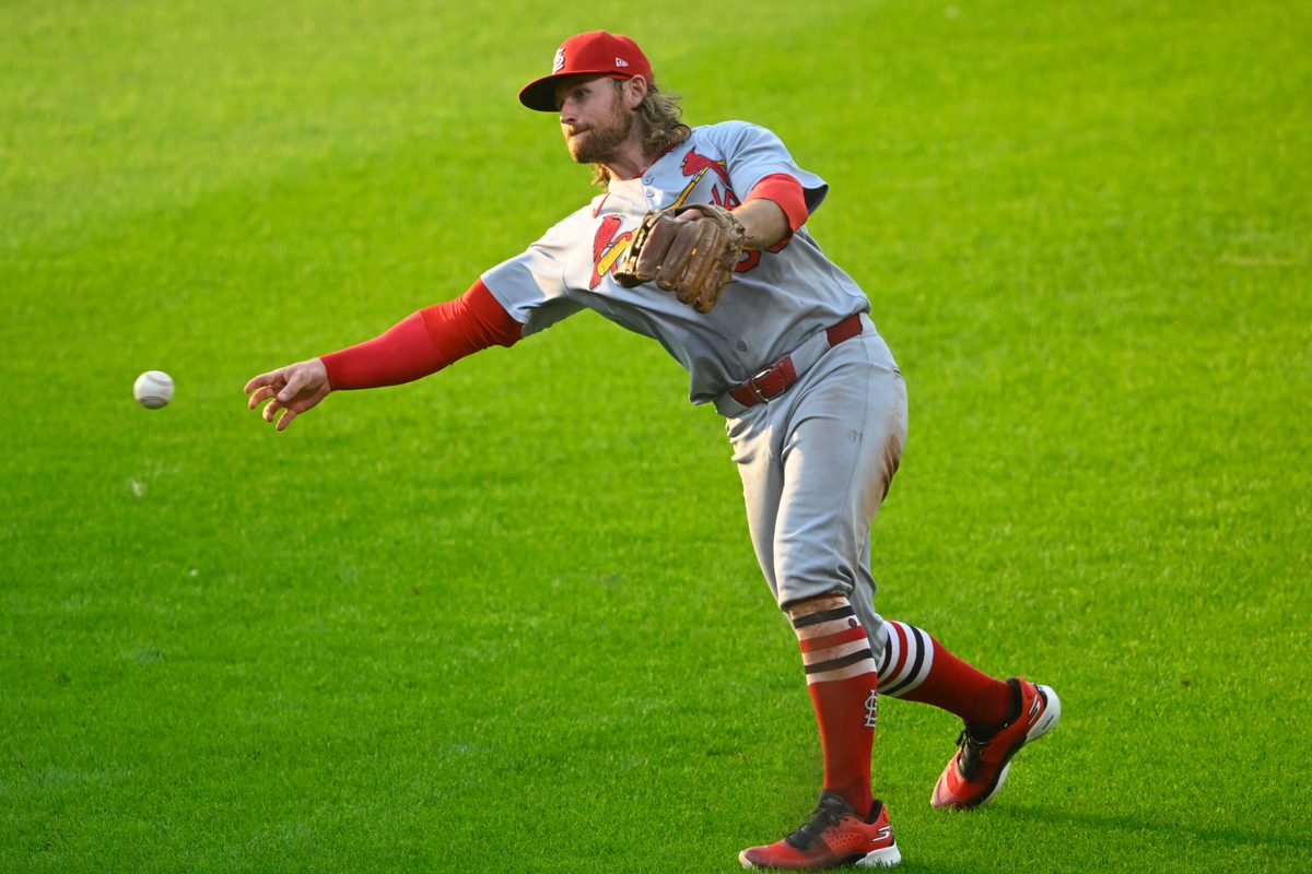 Jun 27, 2025; Cleveland, Ohio, USA; St. Louis Cardinals second baseman Brendan Donovan (33) throws to first base in the third inning against the Cleveland Guardians at Progressive Field. Mandatory Credit: David Richard-Imagn Images
