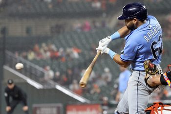 Jun 27, 2025; Baltimore, Maryland, USA; Tampa Bay Rays first baseman Jonathan Aranda (62) hits a single during the seventh inning against the Baltimore Orioles at Oriole Park at Camden Yards. Mandatory Credit: Daniel Kucin Jr.-Imagn Images