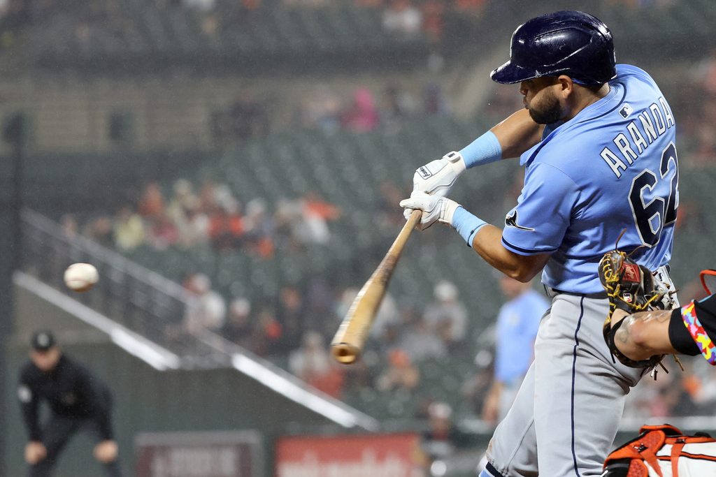 Jun 27, 2025; Baltimore, Maryland, USA; Tampa Bay Rays first baseman Jonathan Aranda (62) hits a single during the seventh inning against the Baltimore Orioles at Oriole Park at Camden Yards. Mandatory Credit: Daniel Kucin Jr.-Imagn Images