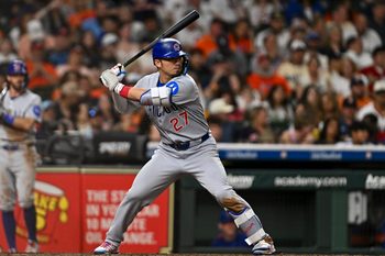 Jun 27, 2025; Houston, Texas, USA; Chicago Cubs designated hitter Seiya Suzuki (27) bats in the sixth inning against the Houston Astros at Daikin Park. Mandatory Credit: Maria Lysaker-Imagn Images